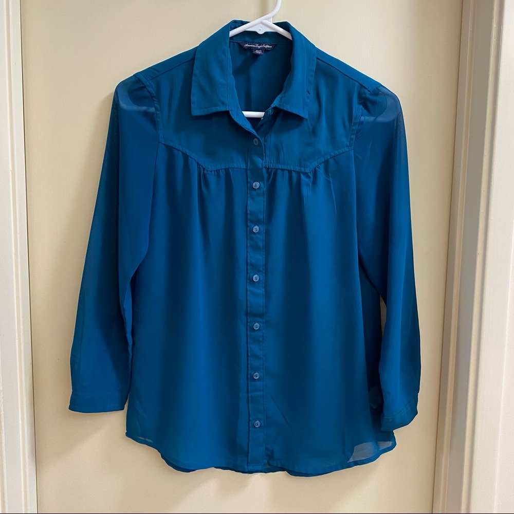 American eagle sheer teal western button shirt XS